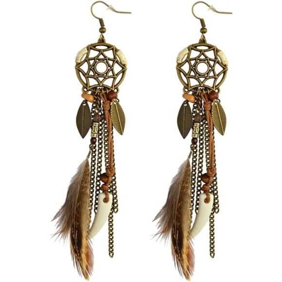 Punk Vintage Long Tassel Feather & Beads Drop Earrings - Wolf Tooth Pendant - Picture 1 of 8